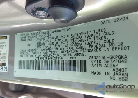 2004 Toyota 4Runner Sr5 V6 z USA, uszkodzony, nr VIN JTEBU14R948021136